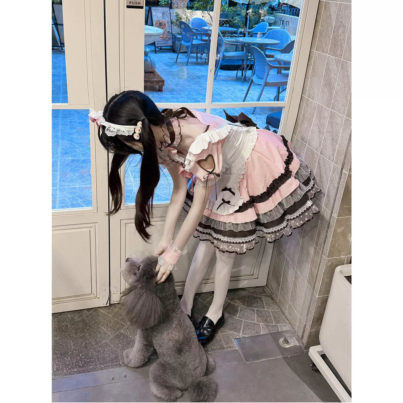 Creamy - Sweet Bow Lace - OP Dress and Apron Two-Piece Set with Layered Ruffles