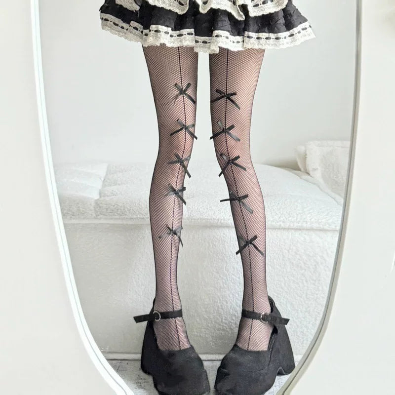 Fantasy Doll white mesh tights with repeated ribbon bows