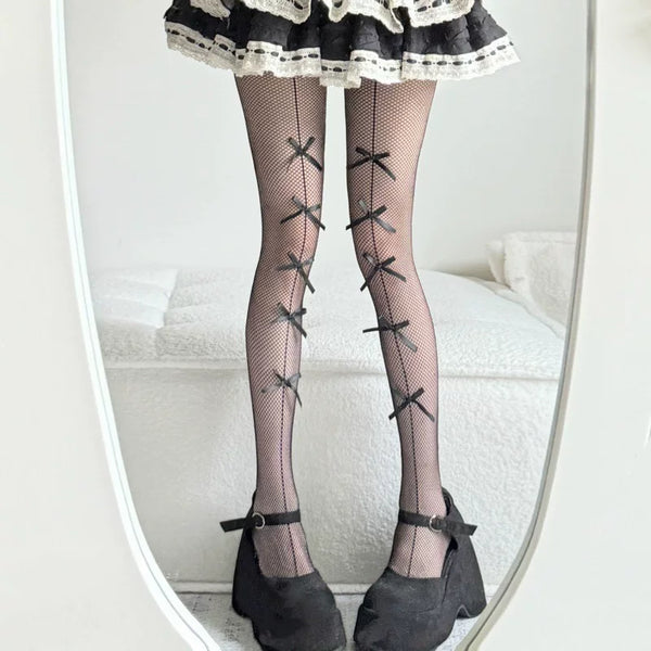 Fantasy Doll white mesh tights with repeated ribbon bows