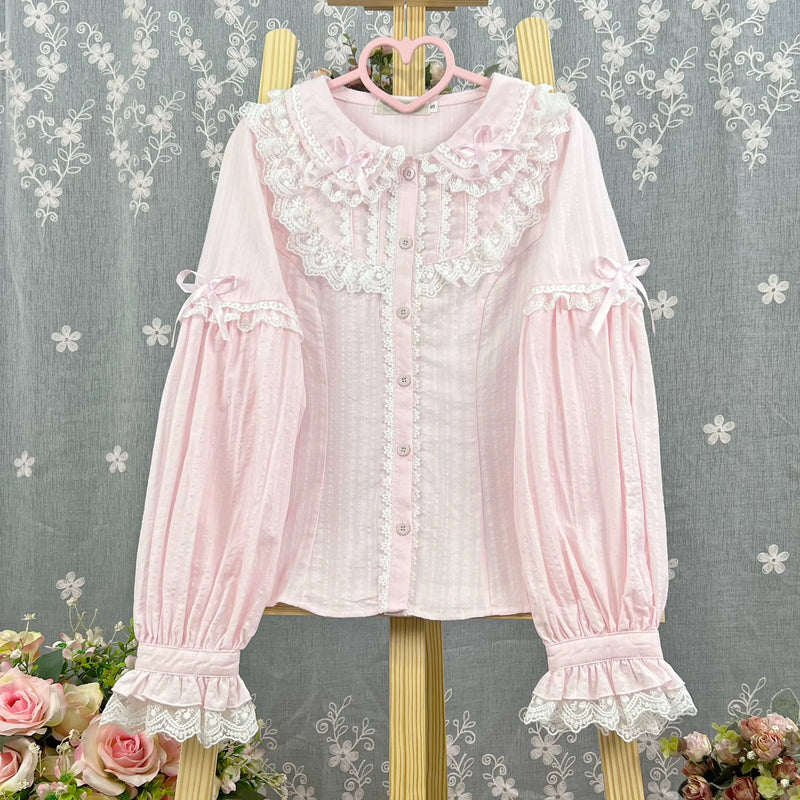Summer Bud Pocket Cotton Peter Pan Collar Winter Blouse — 2.0 Pink with White Lace - Long Sleeve