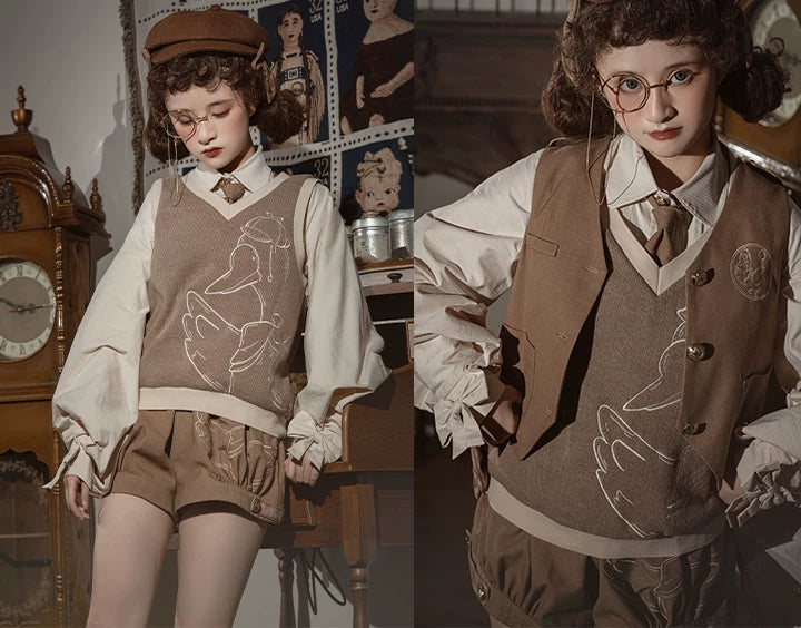 Baozi Pig - Detective Goose - Blouse, Vest and Shorts Options with a Cream Collar