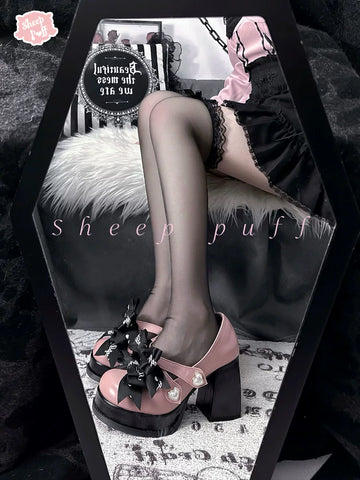 Sheep Puff Devil Lace Lolita Heels featuring black lace, decorative devil horns, and elegant design for stylish footwear.
