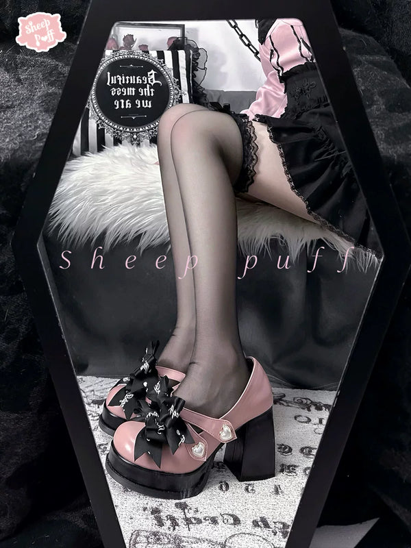 Sheep Puff Devil Lace Lolita Heels featuring black lace, decorative devil horns, and elegant design for stylish footwear.