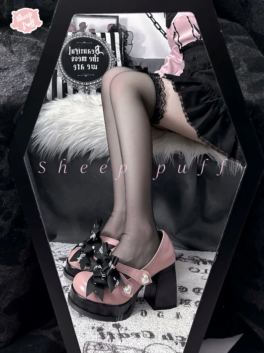 Sheep Puff Devil Lace Lolita Heels featuring black lace, decorative devil horns, and elegant design for stylish footwear.