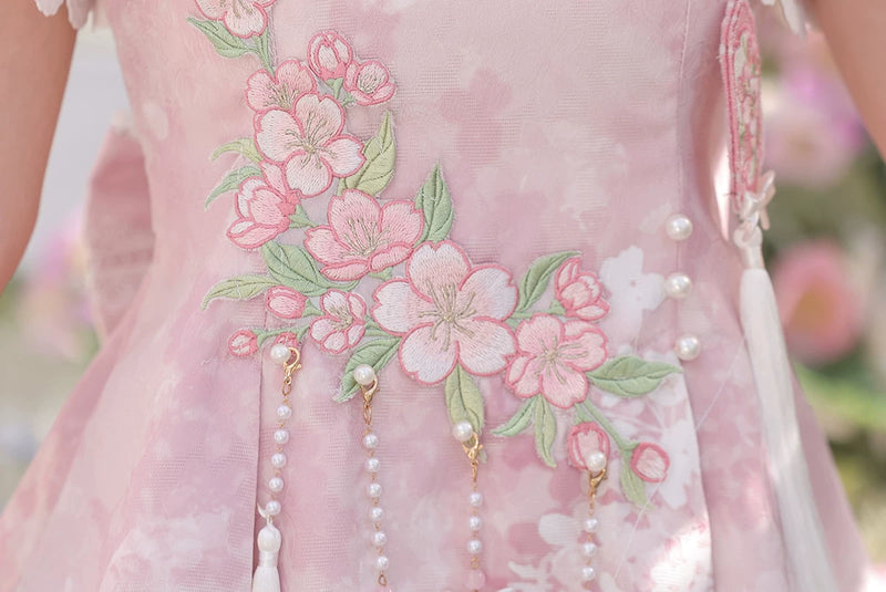 Sweet Promise - New Chinese-Style Blossom - Pink princess dress with floral embroidery and lace-trimmed top