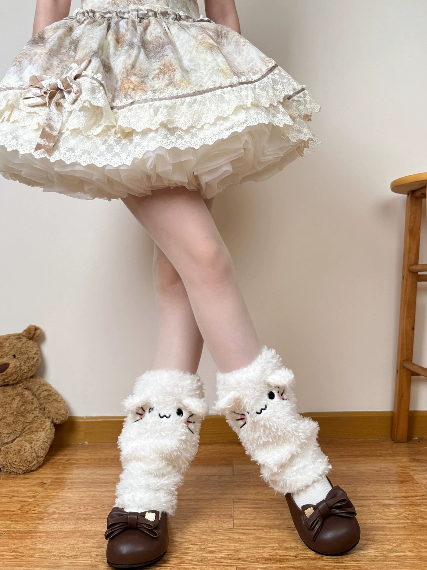 Chubby Bear Tales - Little Kitty - Plush Leg Warmers with Cat Faces and Bowed Cuffs