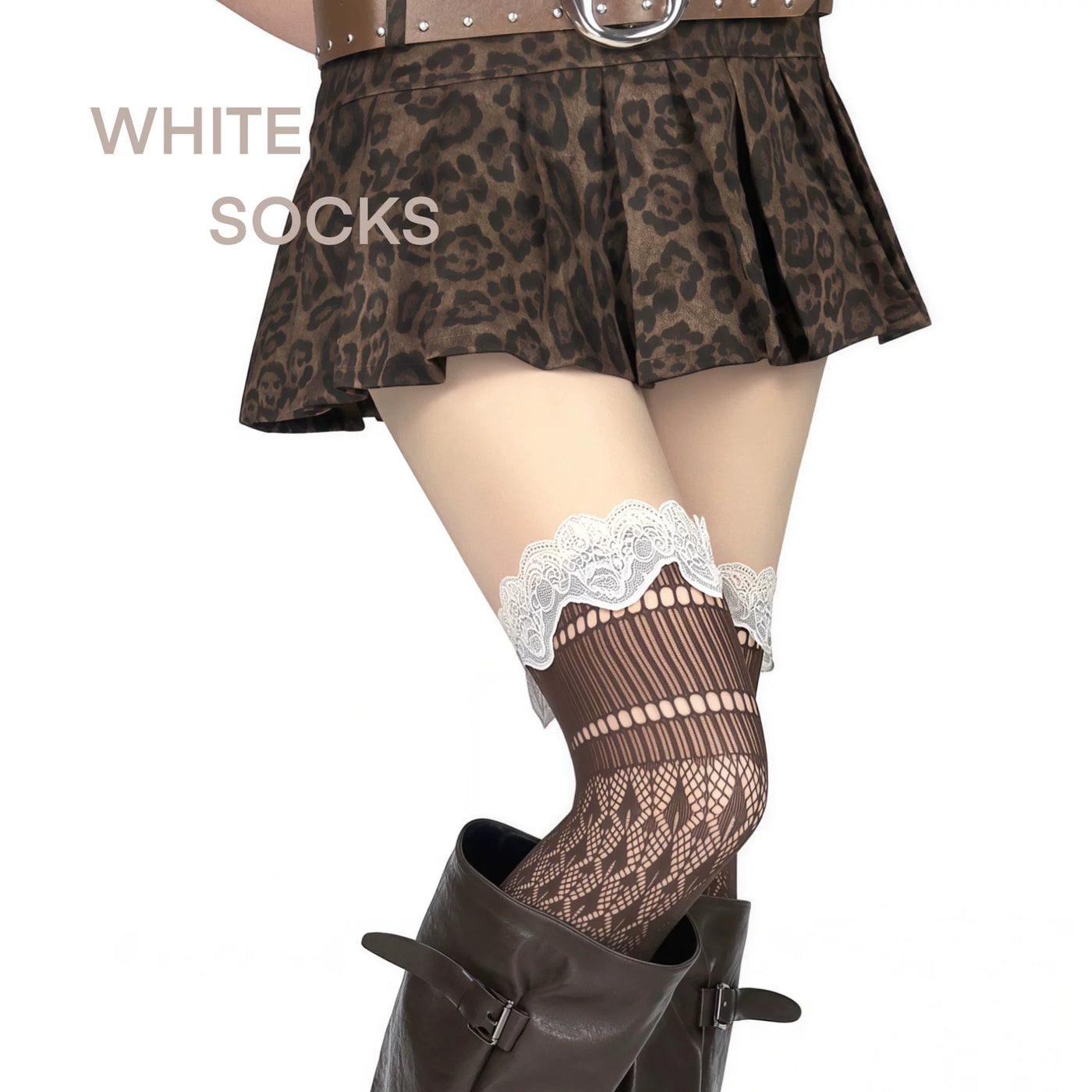 White lace-trim thigh-high Lolita sock with geometric openwork pattern