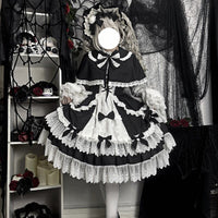 Galaxy Melody - Doll Whisper - JSK with layered lace ruffles - Pure black and white / S / JSK (includes chest-front bow and train bow)
