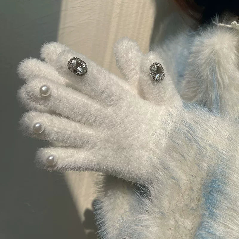 Sock Noble - Pearl & Rhinestone - Fuzzy Five-Finger Gloves with Novelty Detail Options