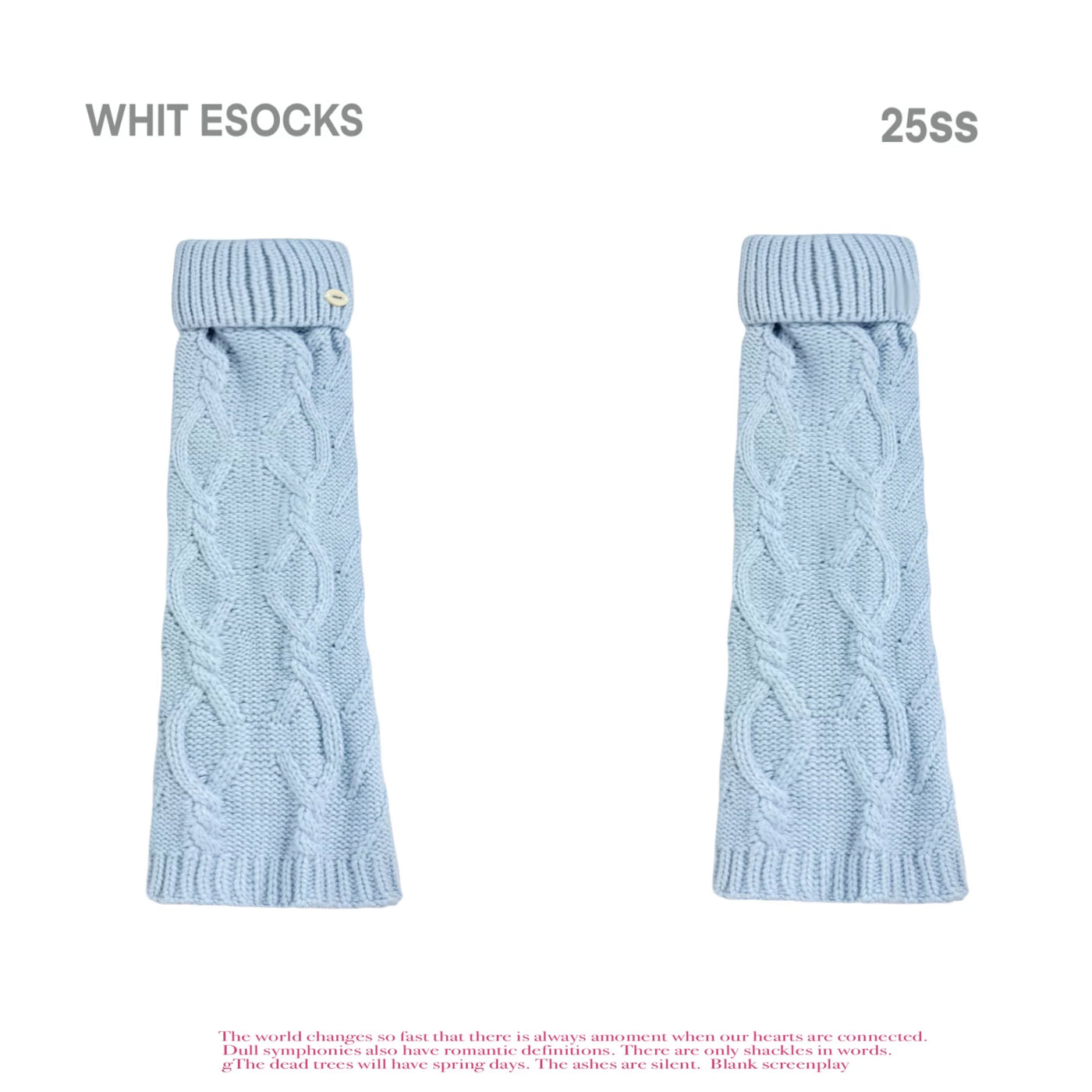 Baby blue and grey cable-knit turn-cuff leg warmers shown with flats.