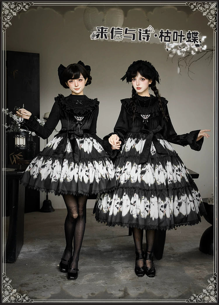 With PUJI - Dead Leaf Butterfly - Gothic Lolita JSK & OP Dress Set, Butterfly Print detail view 6