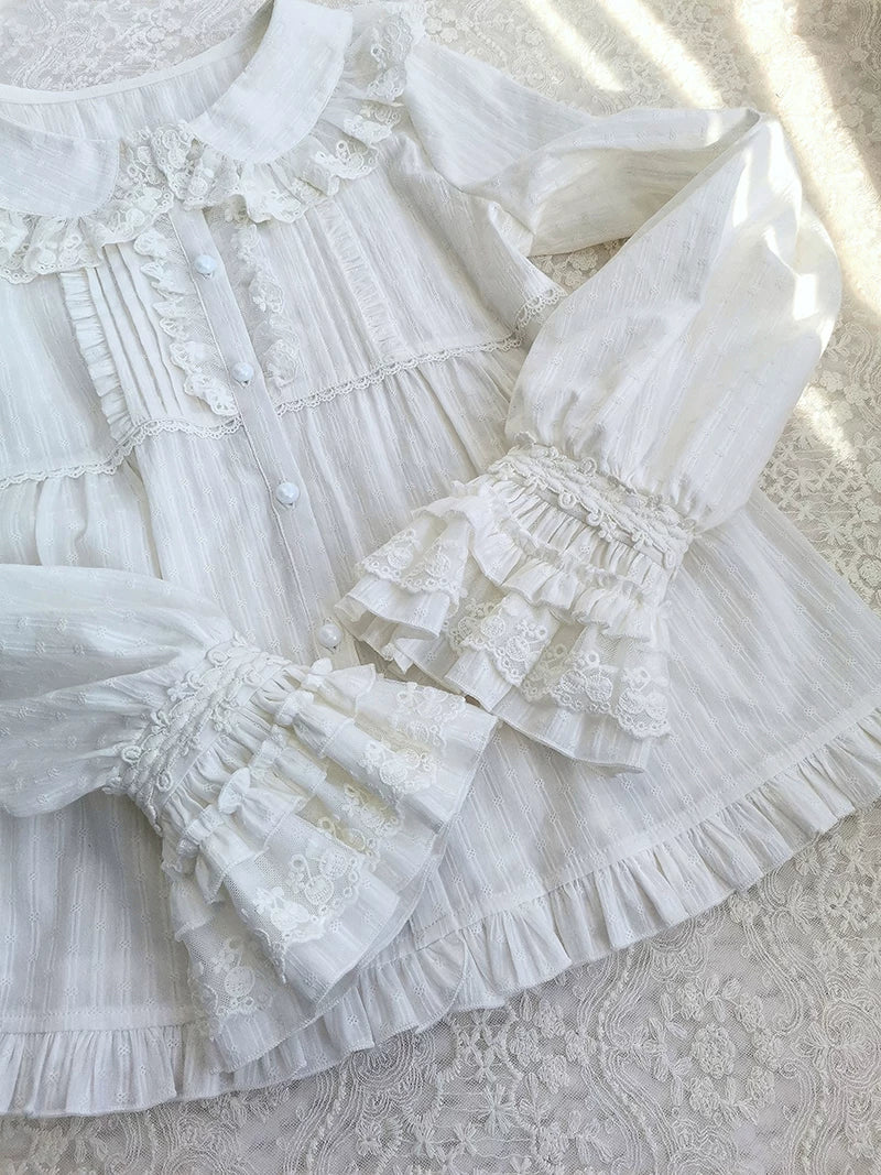 Yilia - Gathered Lace Bib - Cotton Long Sleeve Blouse