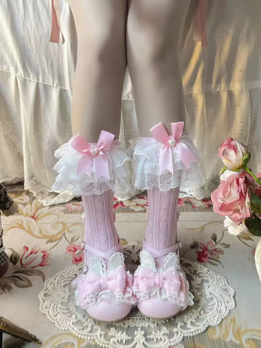 Fantasy Doll pink socks with layered lace ruffles, bows and pearl accents.