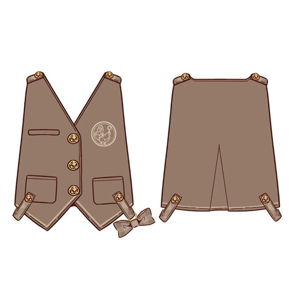 Coffee-brown shirt, vest and shorts coordinate worn with suspenders