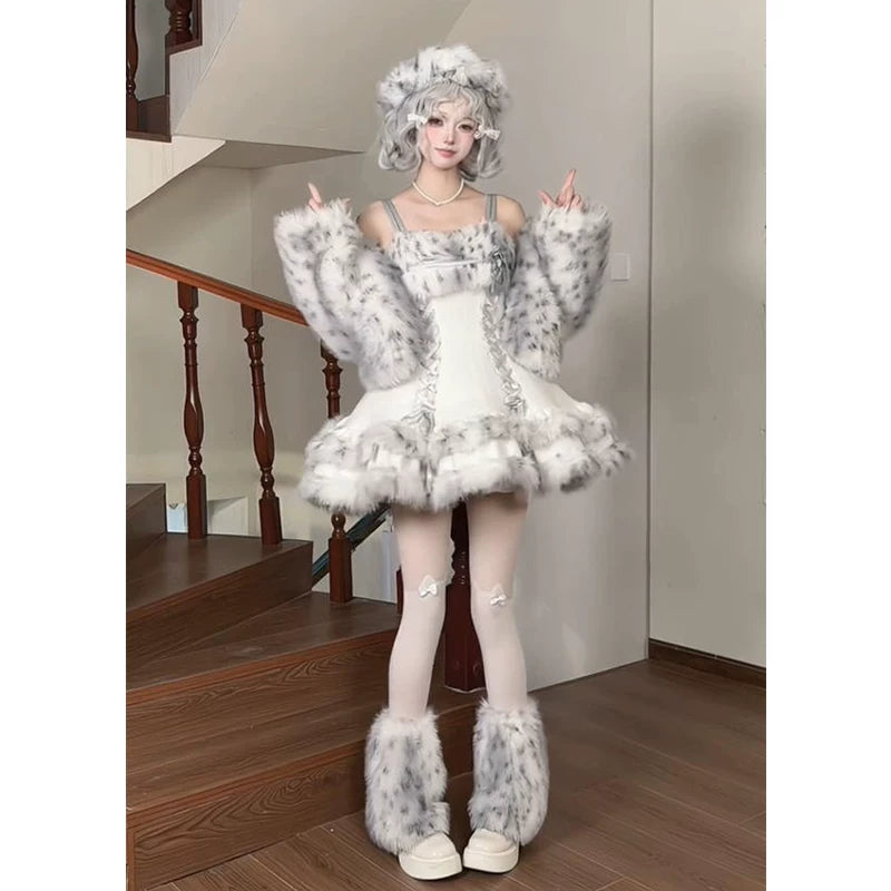 Creamy - Winter Fluffy Princess - Coat and Dress Set with Fluffy Trim