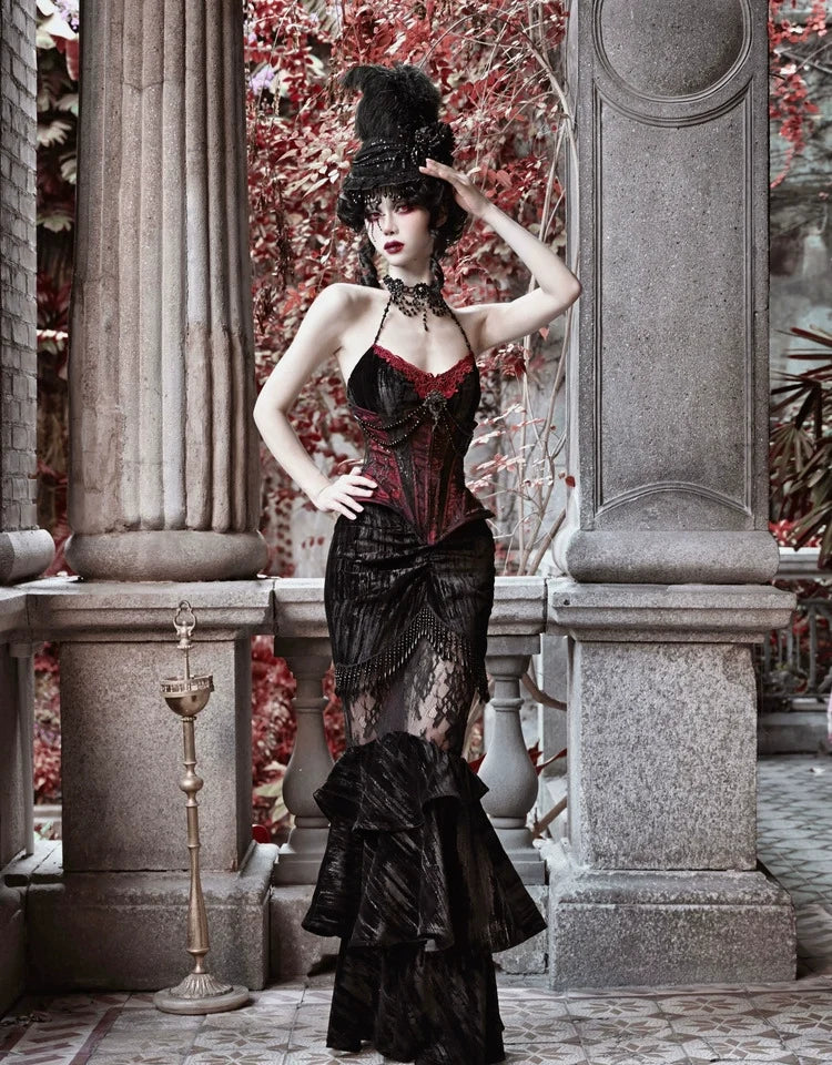 BLOOD SUPPLY - Duchess - Gothic Lolita Velvet Mermaid Skirt with Layered Frills - product detail 11
