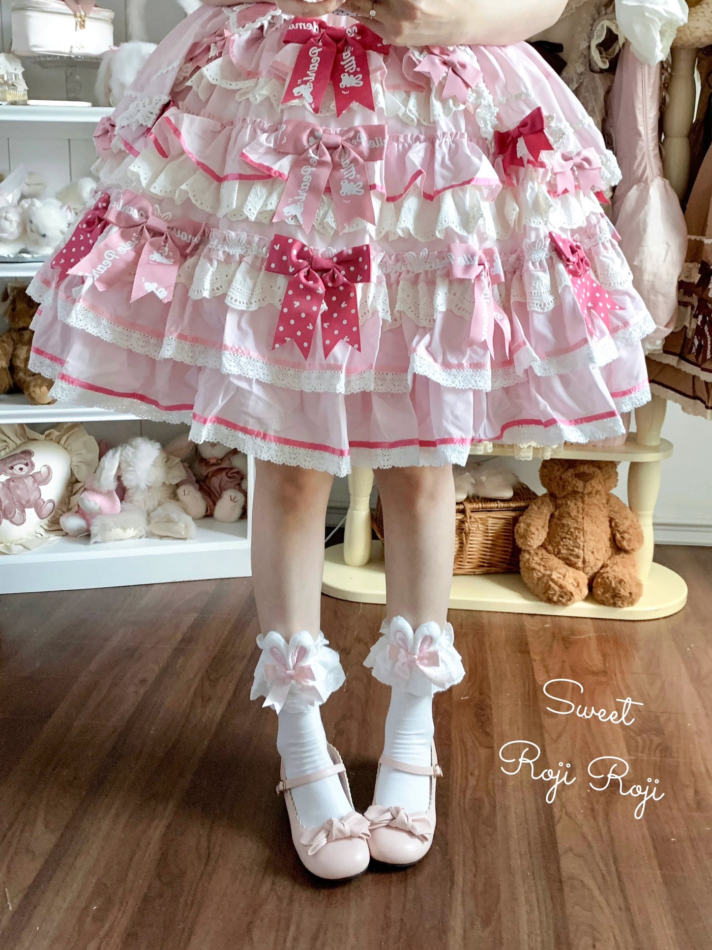 Sweet Lolita Cotton Socks, Bunny Ear & Ribbon Bow Light pink polka dots One Size