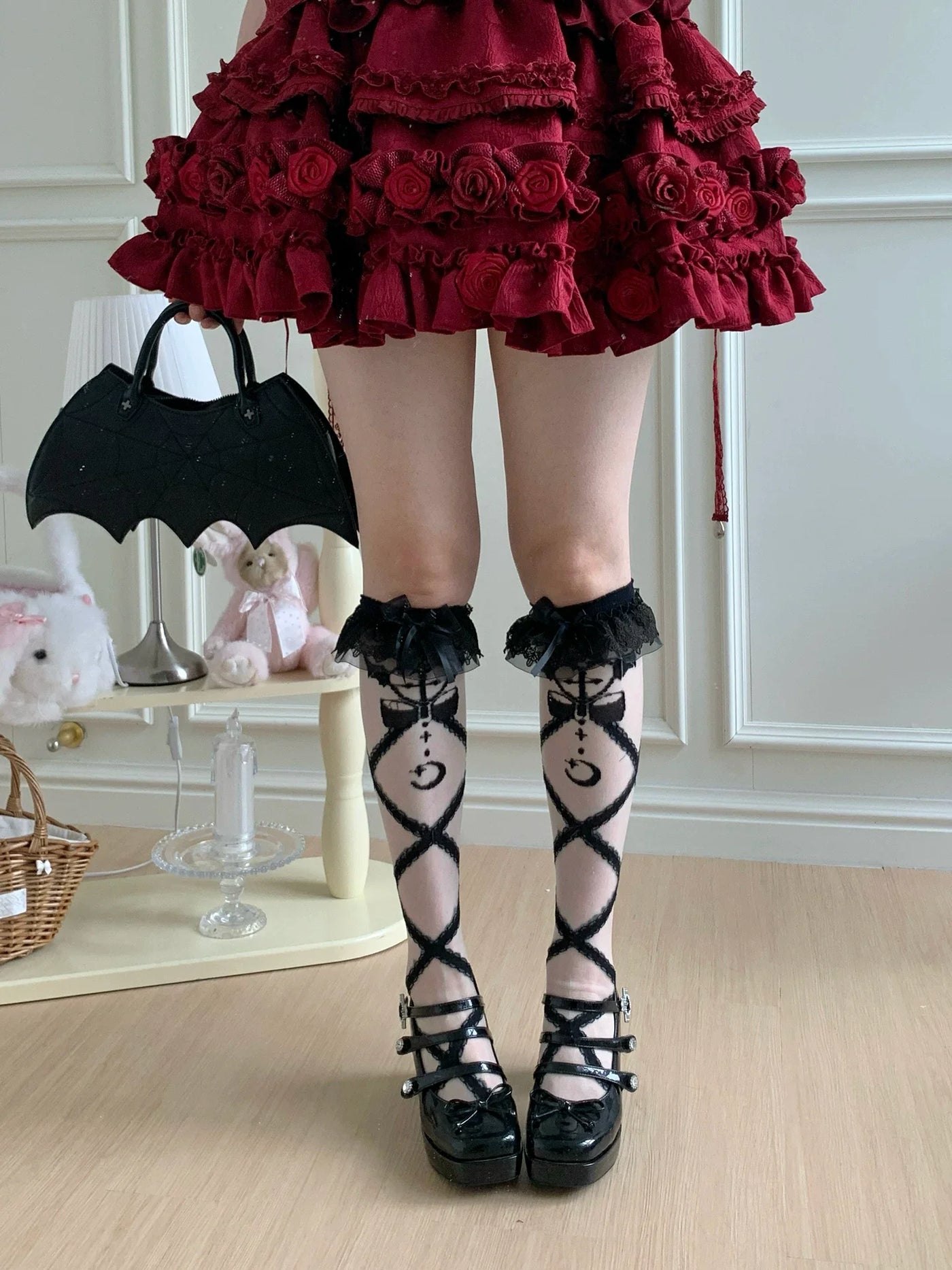 Roji Roji - Lolita Cross Printed Socks with - Layered Lace Trim Cuff Socks