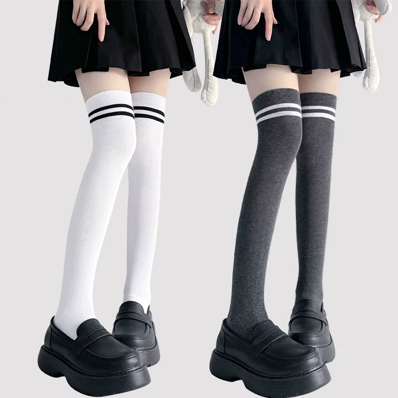 Floral Milk Cat - Double Stripe - Cotton Over-the-Knee Socks with Contrast Double Stripes