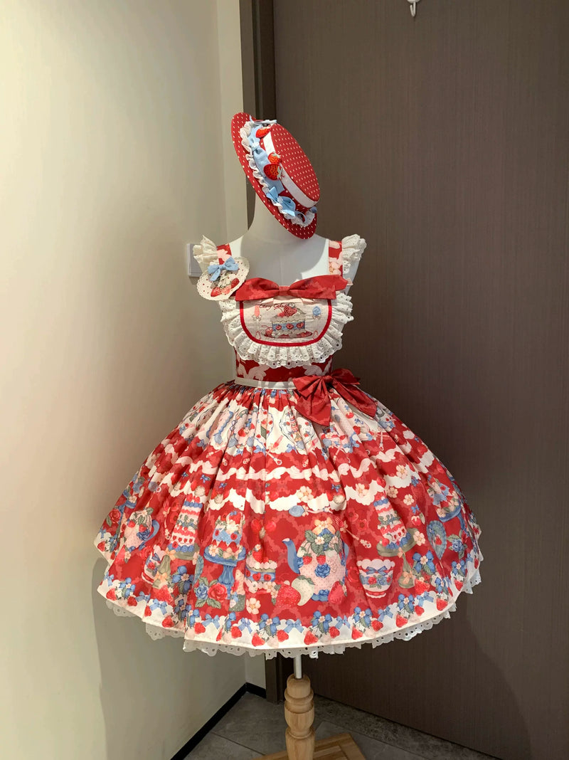 Rose Whisper - Strawberry Tarta - Strawberry Print OP Dress with Pale Blue Ruffles