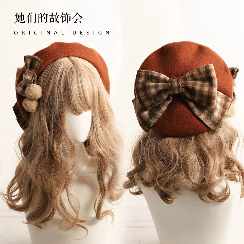 Her Vintage Society - Plaid Bow Beret - Beret with Large Check Bow