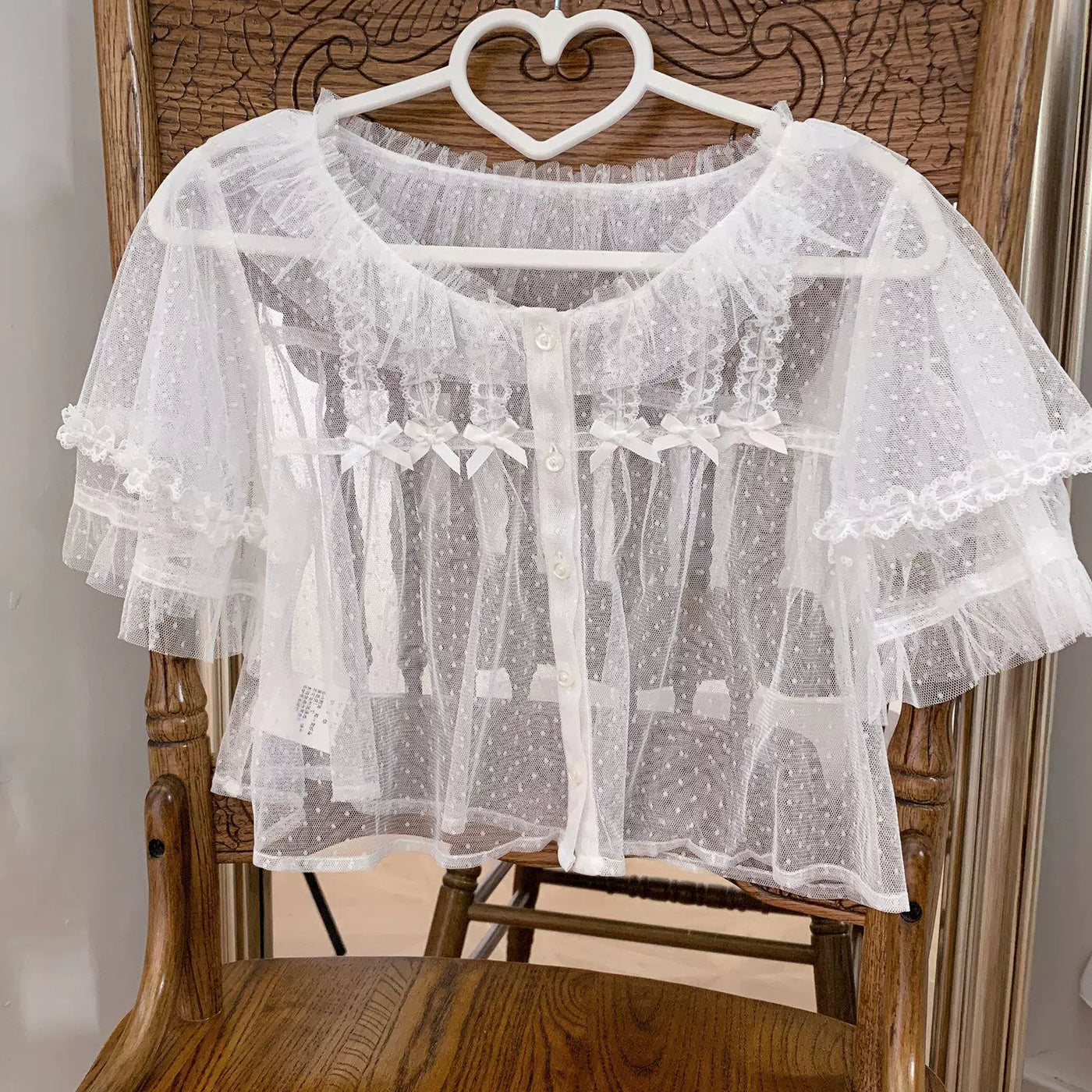 Rice white mesh short-sleeve Lolita blouse with ruffled details and lace trim