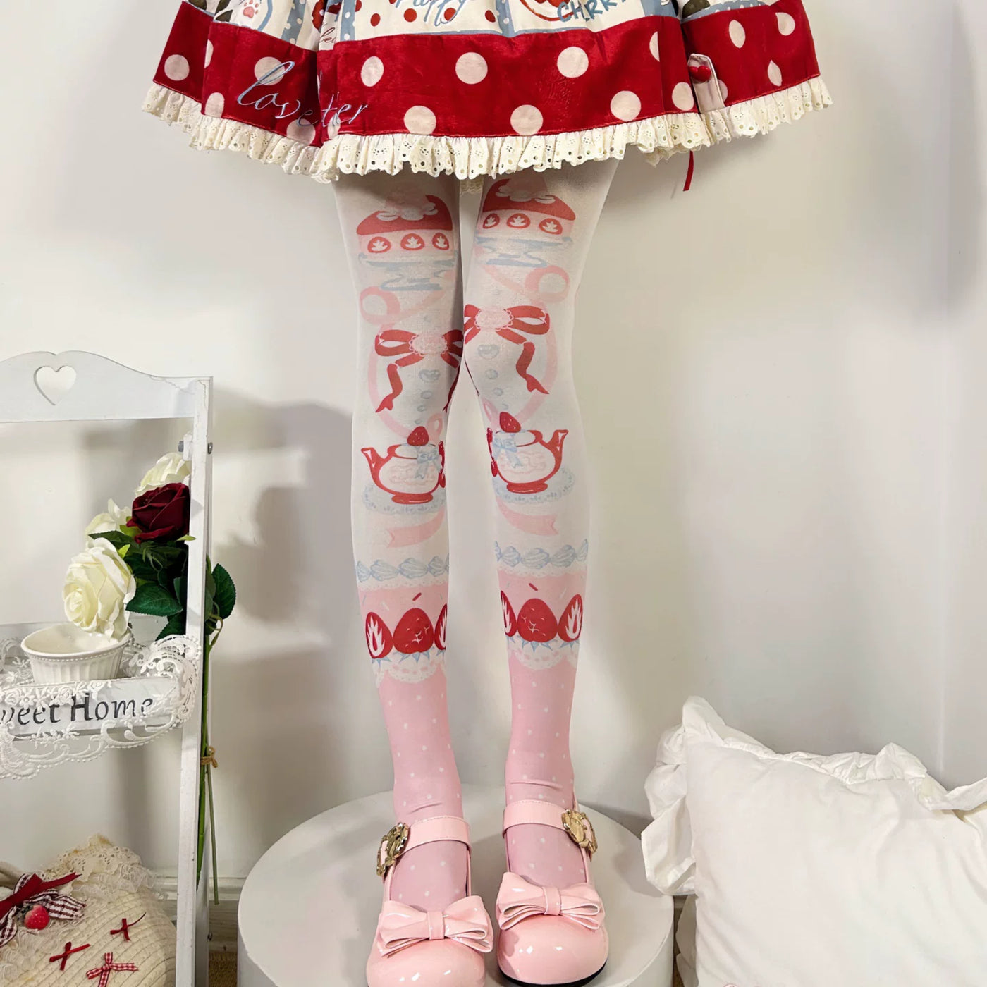 Fantasy Doll - Strawberry Cake - 60D Velvet Printed Pantyhose with Strawberry Motifs