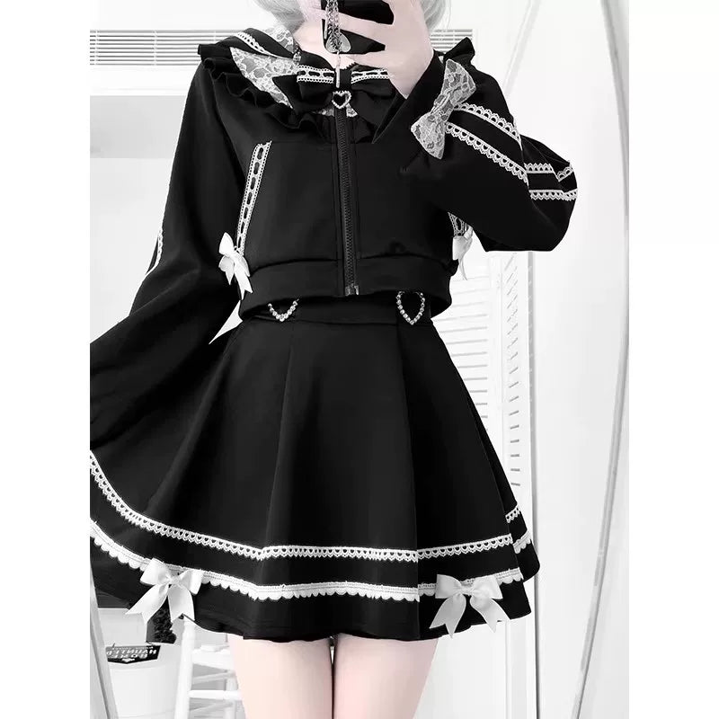 Creamy - Black Cat-Ear College - Black Jacket and Half-Skirt Two-Piece Set with Bow Trim