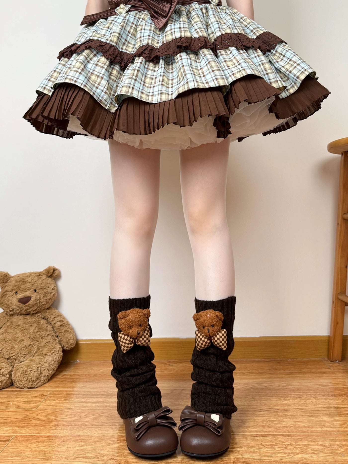 Chubby Bear Tales - Little Bear Knit Layers - Cable-Knit Leg Warmers with Teddy Bear Bows