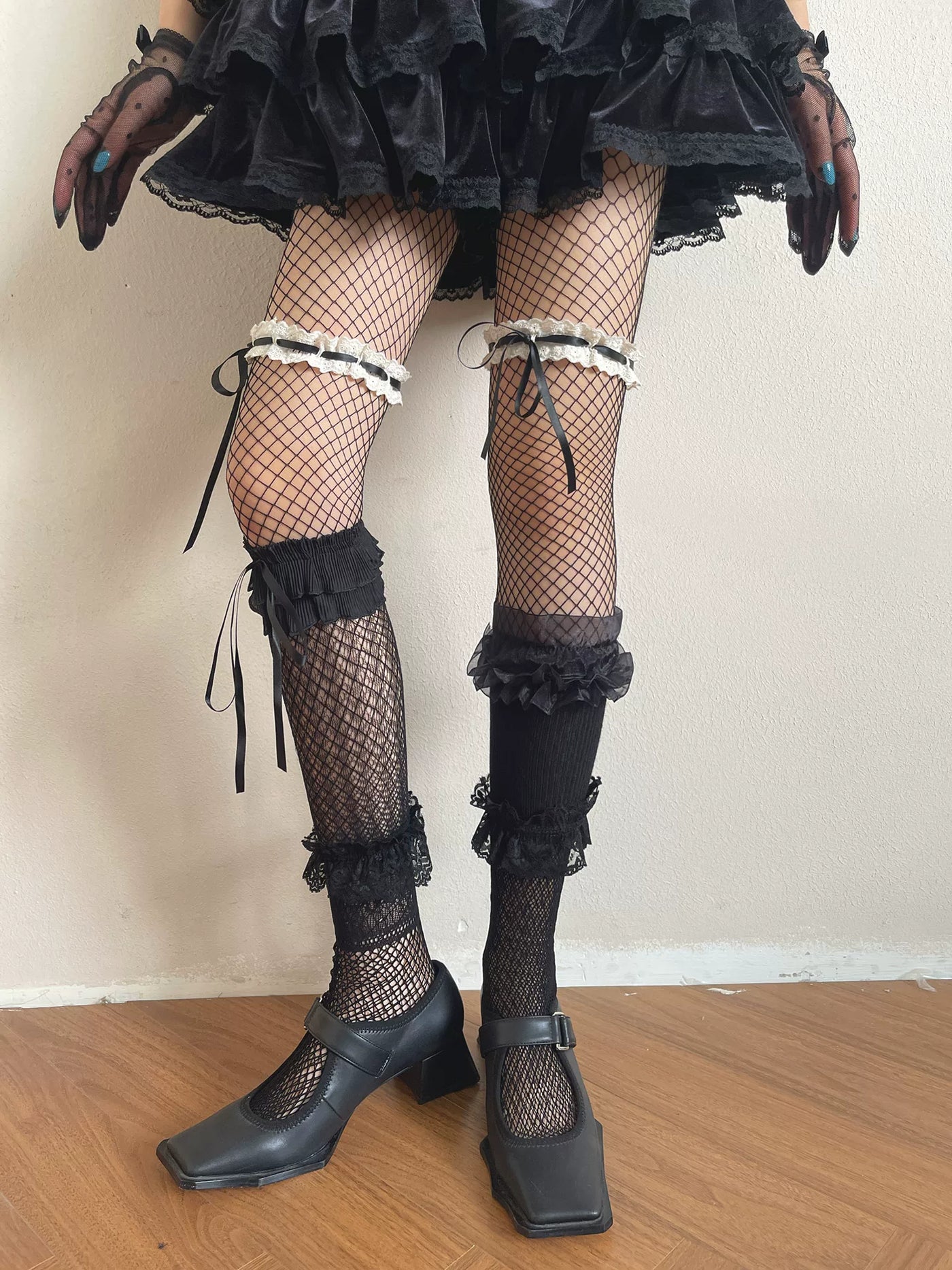 Sock Noble - Gothic Layered - Layered Fishnet Tights and Lace Stockings