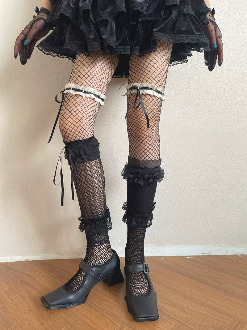 Sock Noble - Gothic Layered - Layered Fishnet Tights and Lace Stockings
