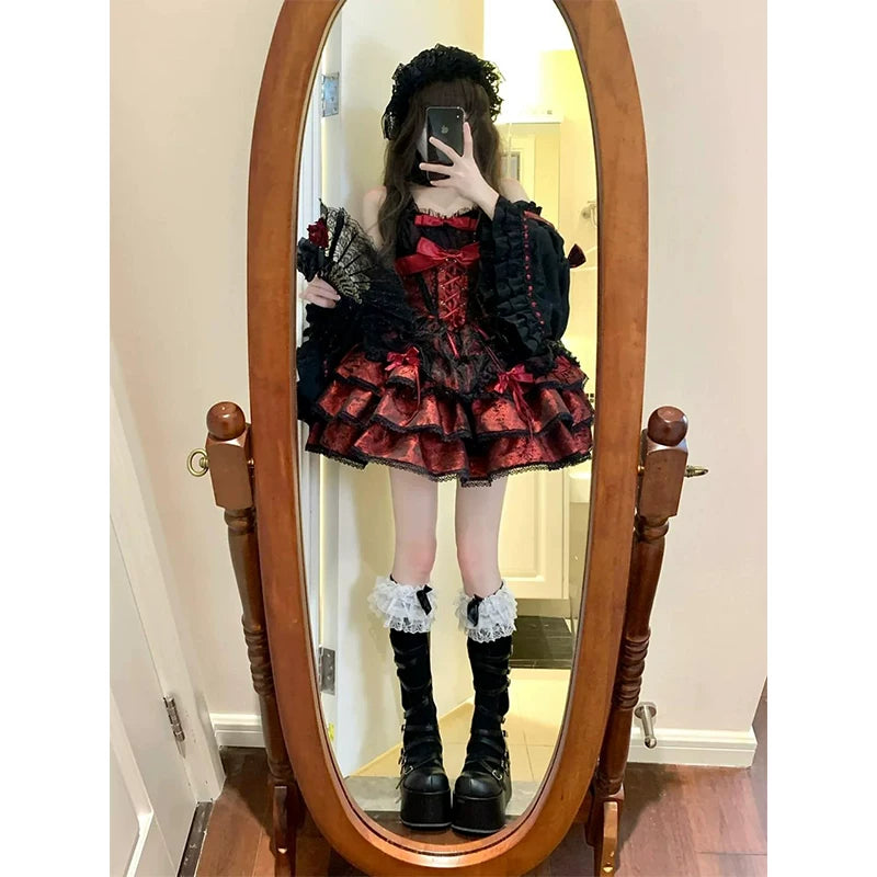 Creamy - Black-Red Ballet - JSK with corset lacing and layered bow detailing