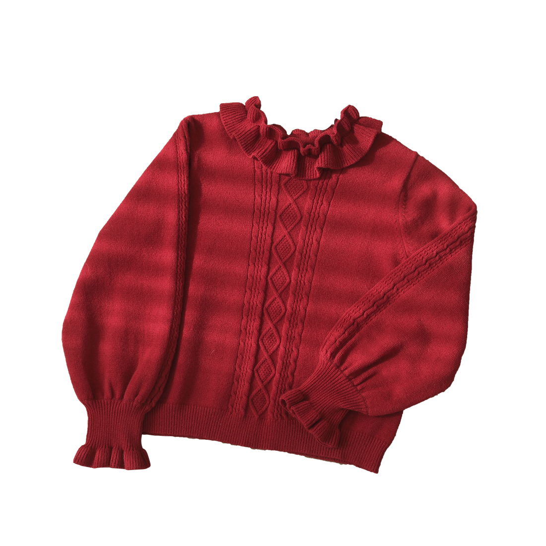 Dark red knit sweater with ruffle collar, puff sleeves and ruffle cuffs.