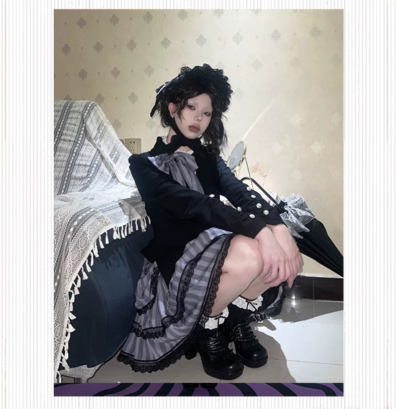 Baozi Pig - Witch's Shop - Gothic OP Dress with Corset-Style Bodice and Striped Skirt