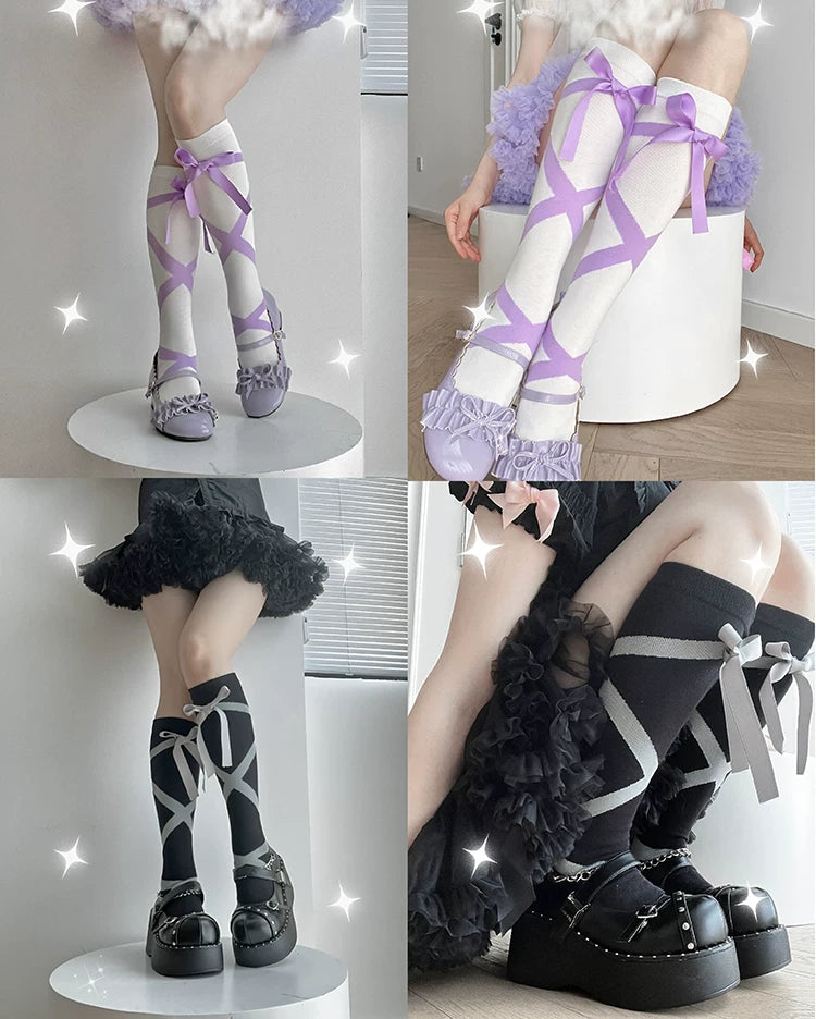 roji roji - Ribbon Strap - Cotton Mid-Calf Socks with Crossed Ribbon Straps