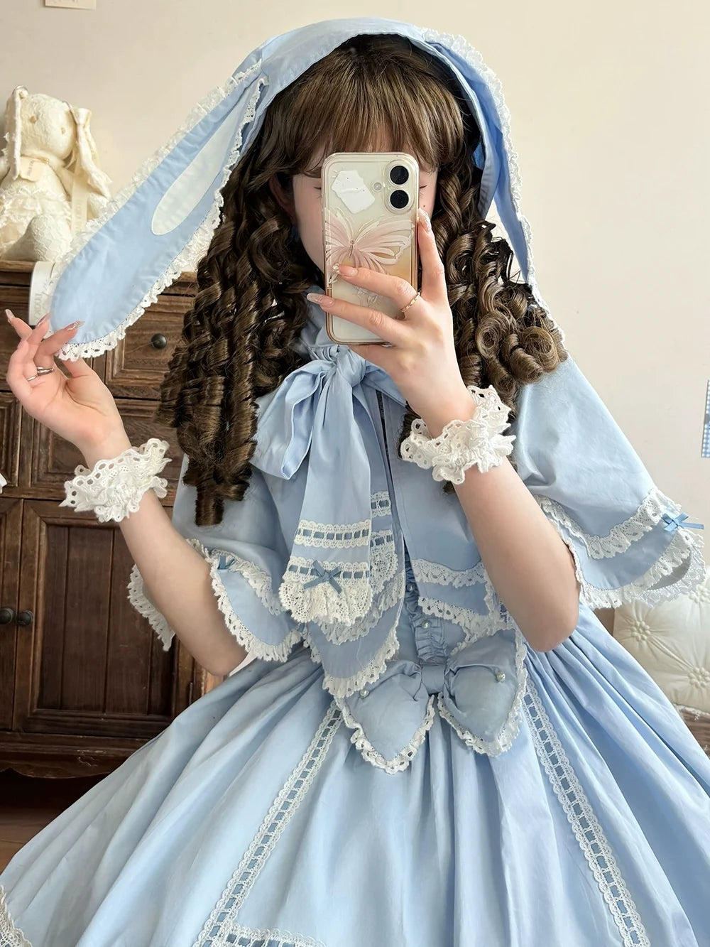 Miss Point - Vintage Petal Rabbit - Pure Cotton Kawaii Lolita Cape With Rabbit Ear Hood