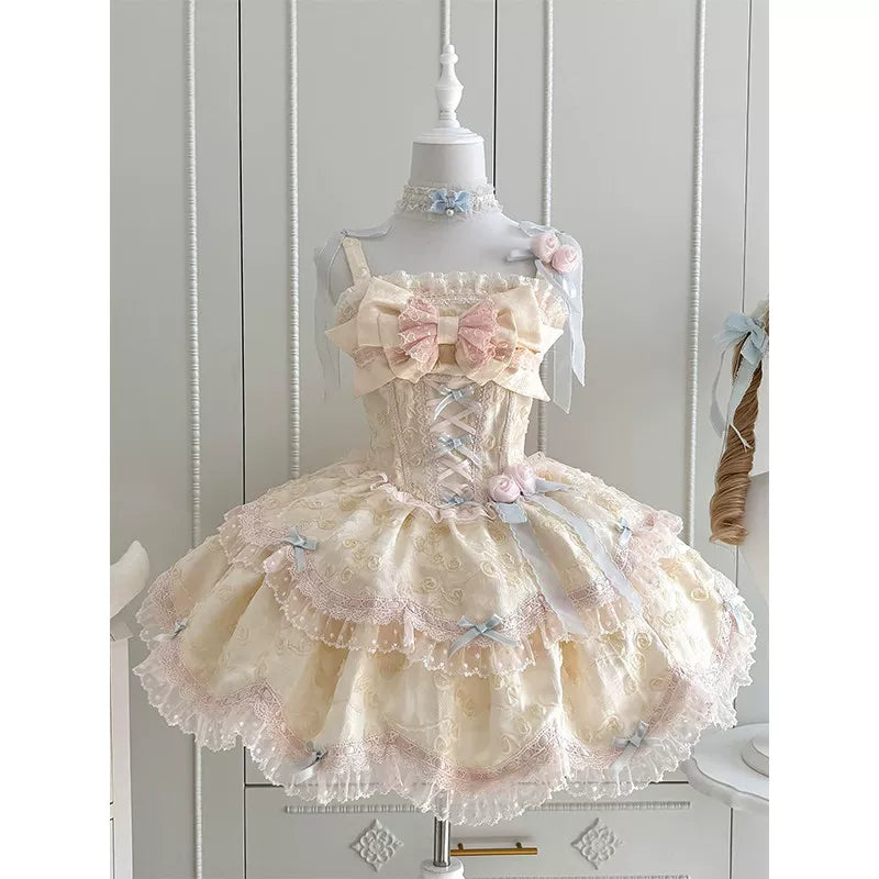 Creamy - Candy Apricot Ballet - Dreamlike One-Piece Dress with Layered Ruffles
