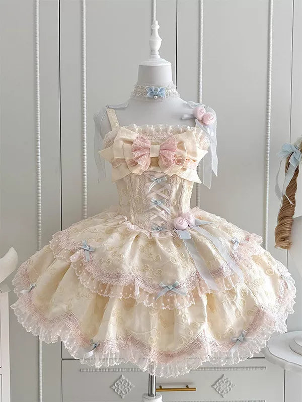 Cream-apricot ballet-style one-piece Lolita dress with layered ruffles and pastel bows