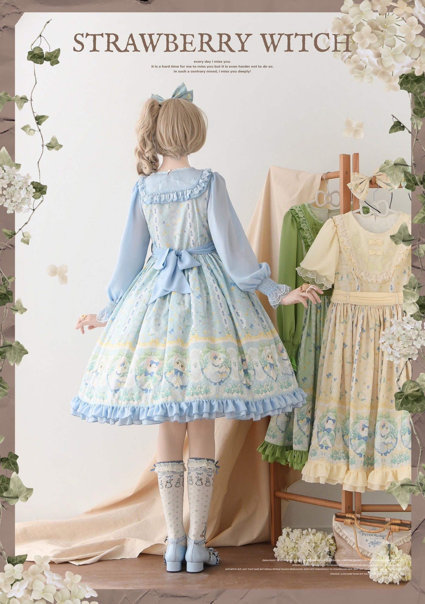 Strawberry Witch - Lily of the Valley Kitten - Country Lolita OP with Embroidery and Cat Print