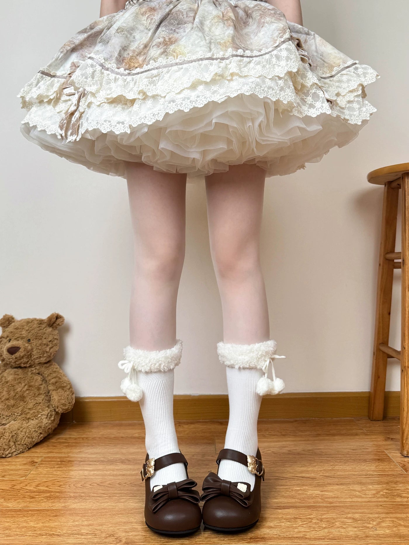 Chubby Bear Tales - Fluffy Pom-Pom - Scrunched Mid-Calf Socks with Fuzzy Cuffs and Pom-Poms