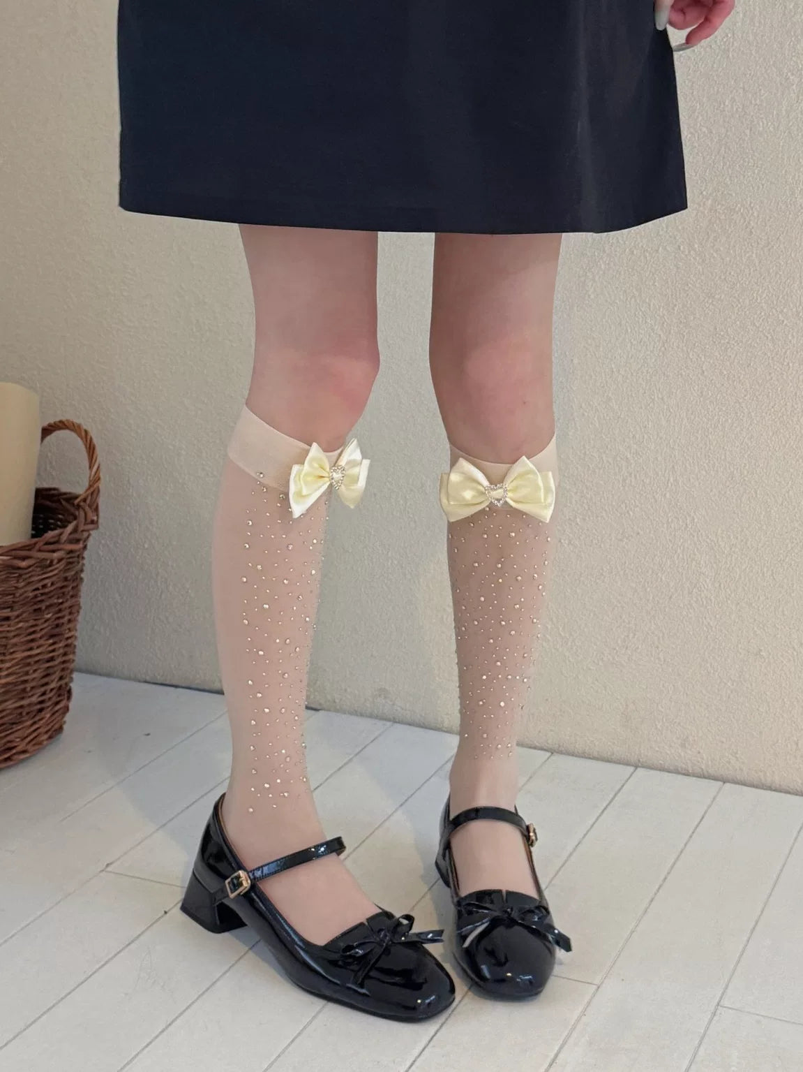 Skin color Sweet Lolita heart bow rhinestone calf sock, sheer mesh with ribbed cuff