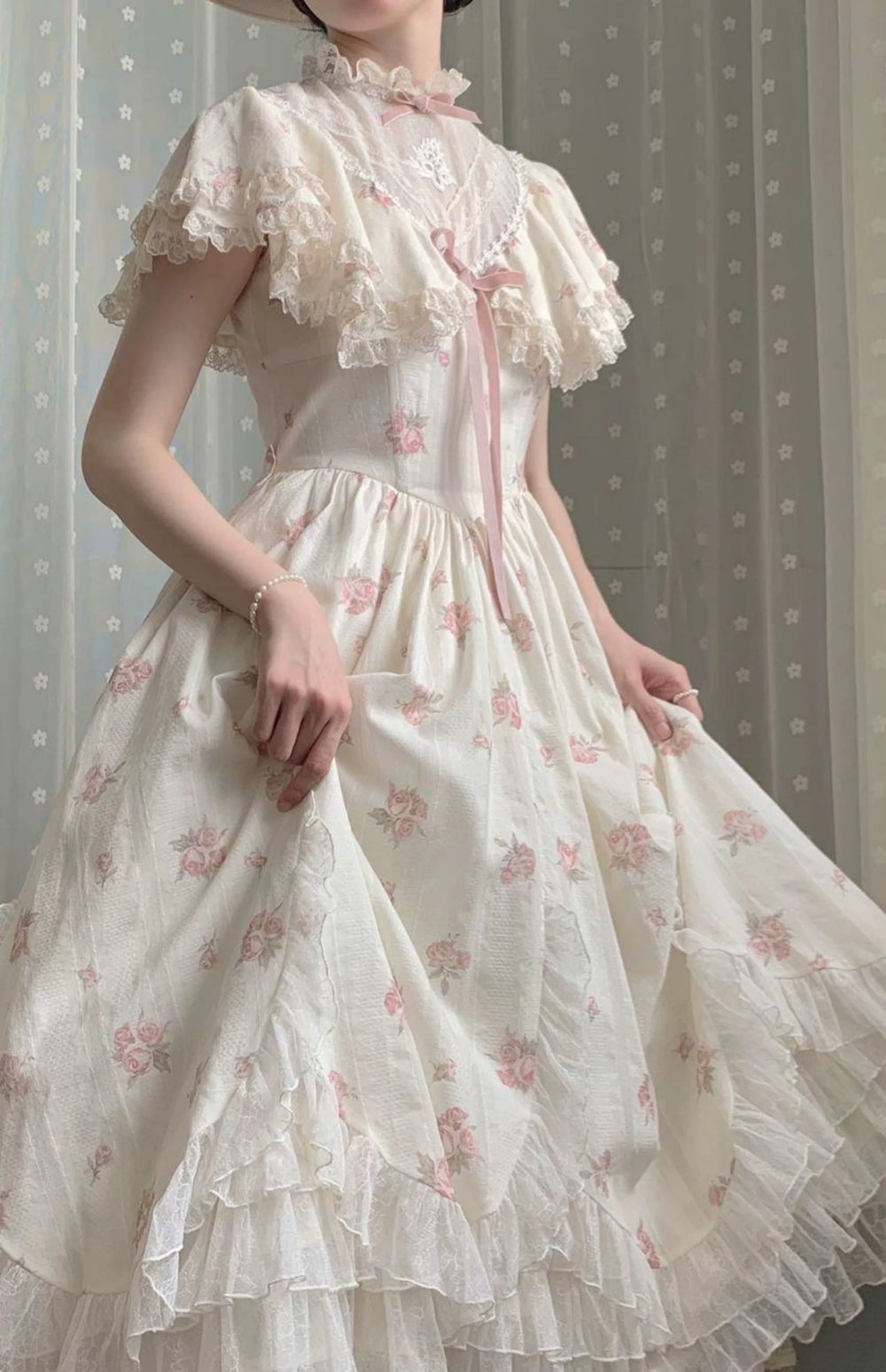 Sweetheart Dream Machine ivory floral OP dress with Edwardian lace collar and pink ribbon ties