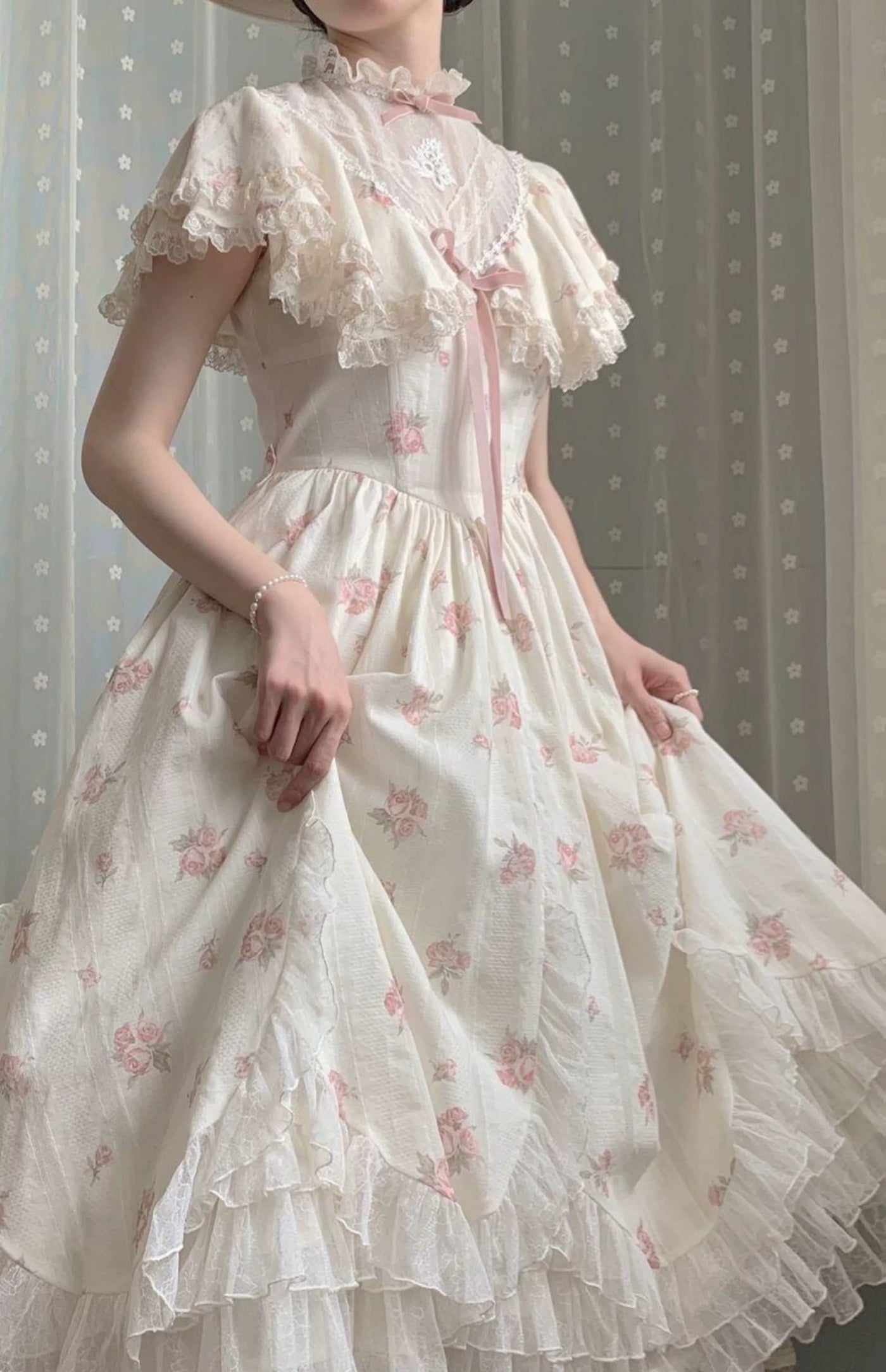 Sweetheart Dream Machine ivory floral OP dress with Edwardian lace collar and pink ribbon ties