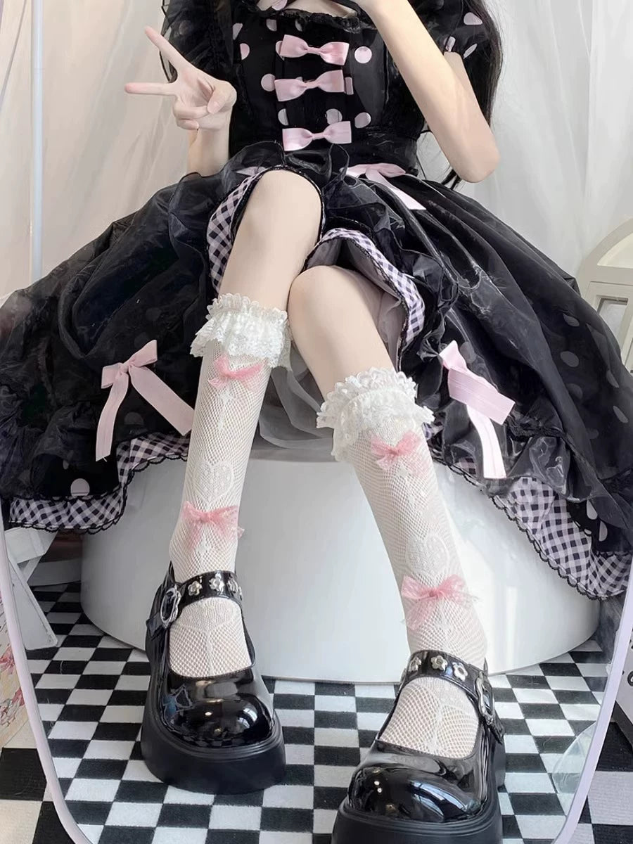 Floral Milk Cat - Ballet Bow - Lace-trimmed ribbon socks