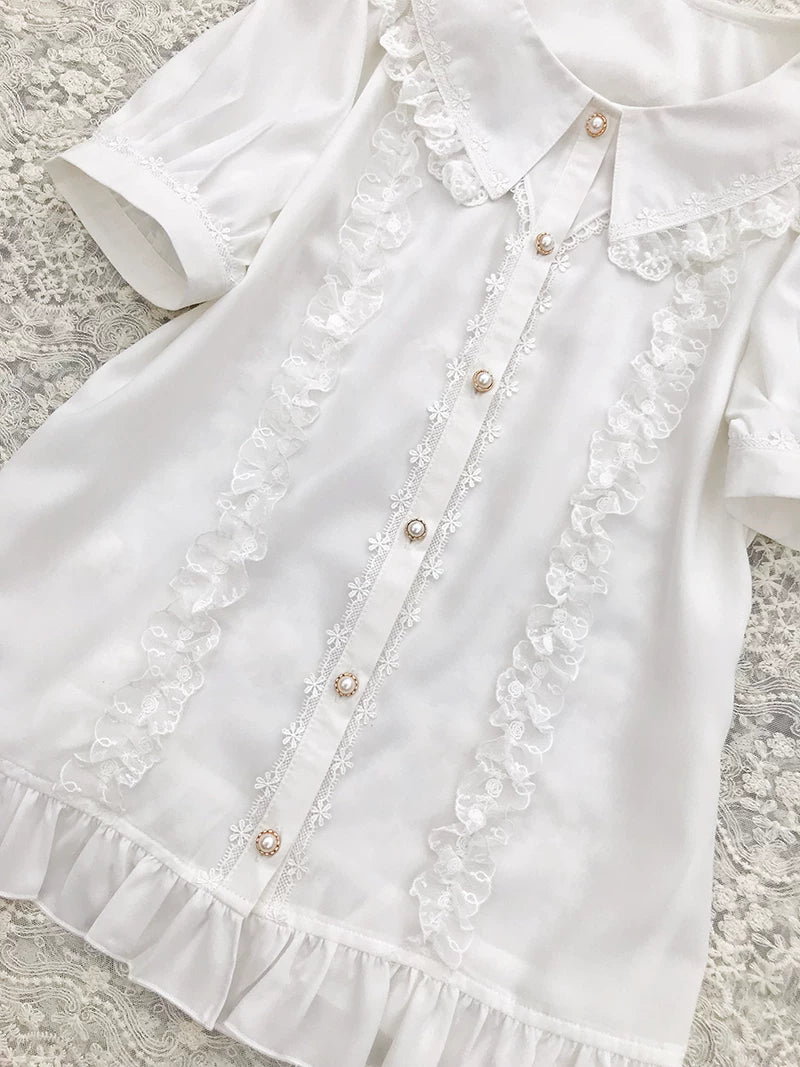 Yilia - Lace Placket - Peter Pan Collar Short Sleeve Blouse