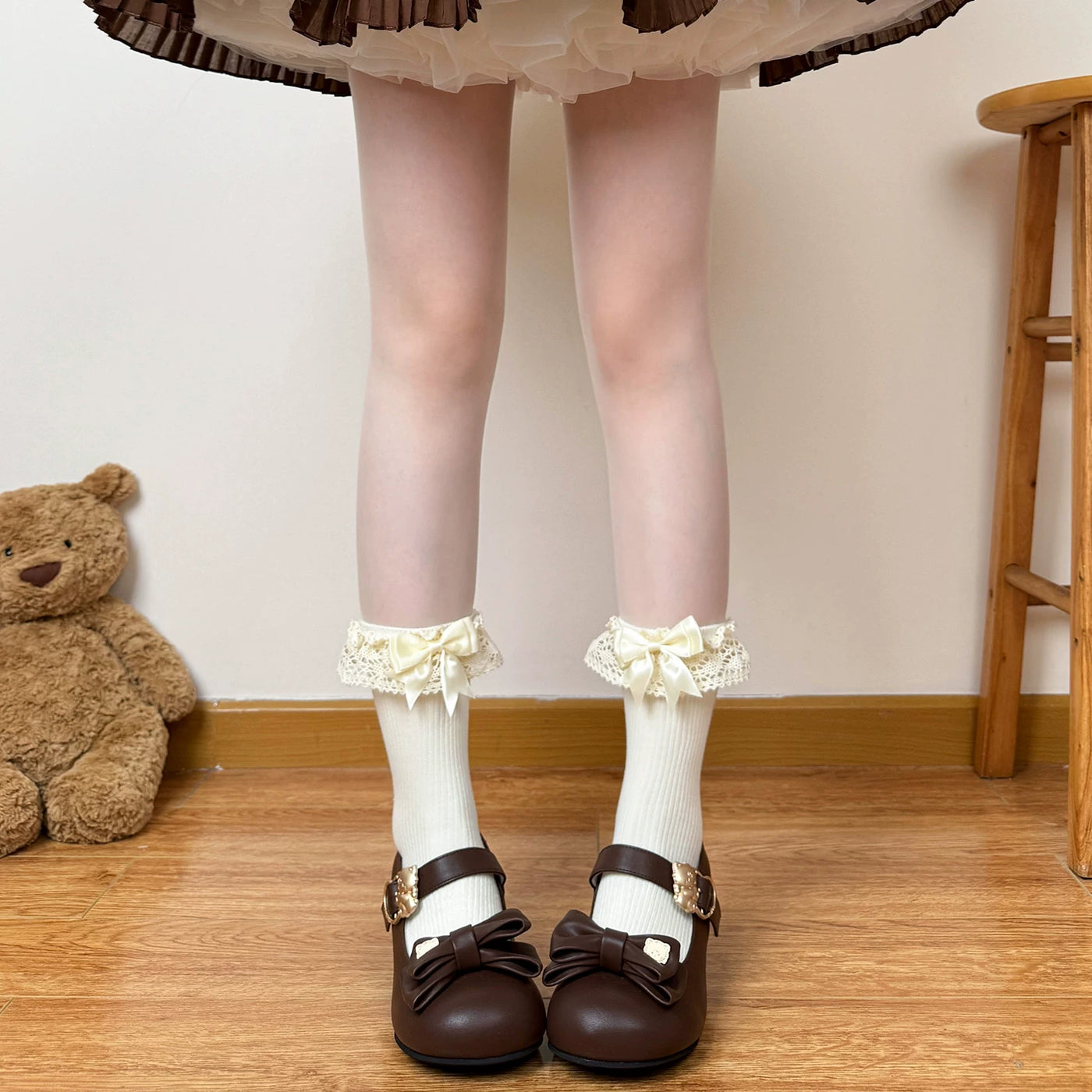 Chubby Bear Tales - Caramel Cocoa - Mid-Calf Socks with Lace Bows