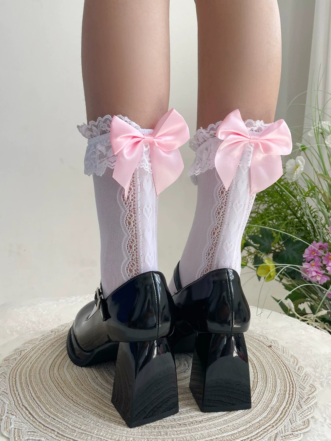 Fantasy Doll - Heart Jacquard - Mid-Calf Socks with Lace and Bow Details