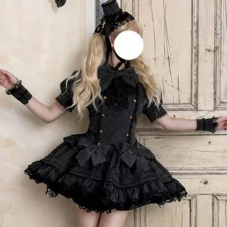 Sweetheart Dream Machine - Phantom Doll Stripe - Gothic Lolita Set with Short-Sleeve Pinstripe Top