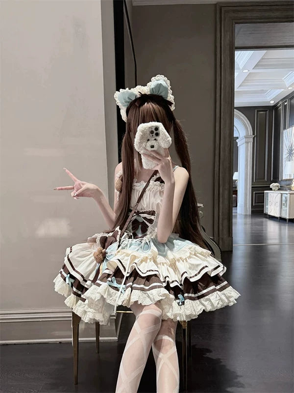 Creamy - Chocolate Bear Idol - Chocolate-toned Lolita skirt set with teddy-bear accents