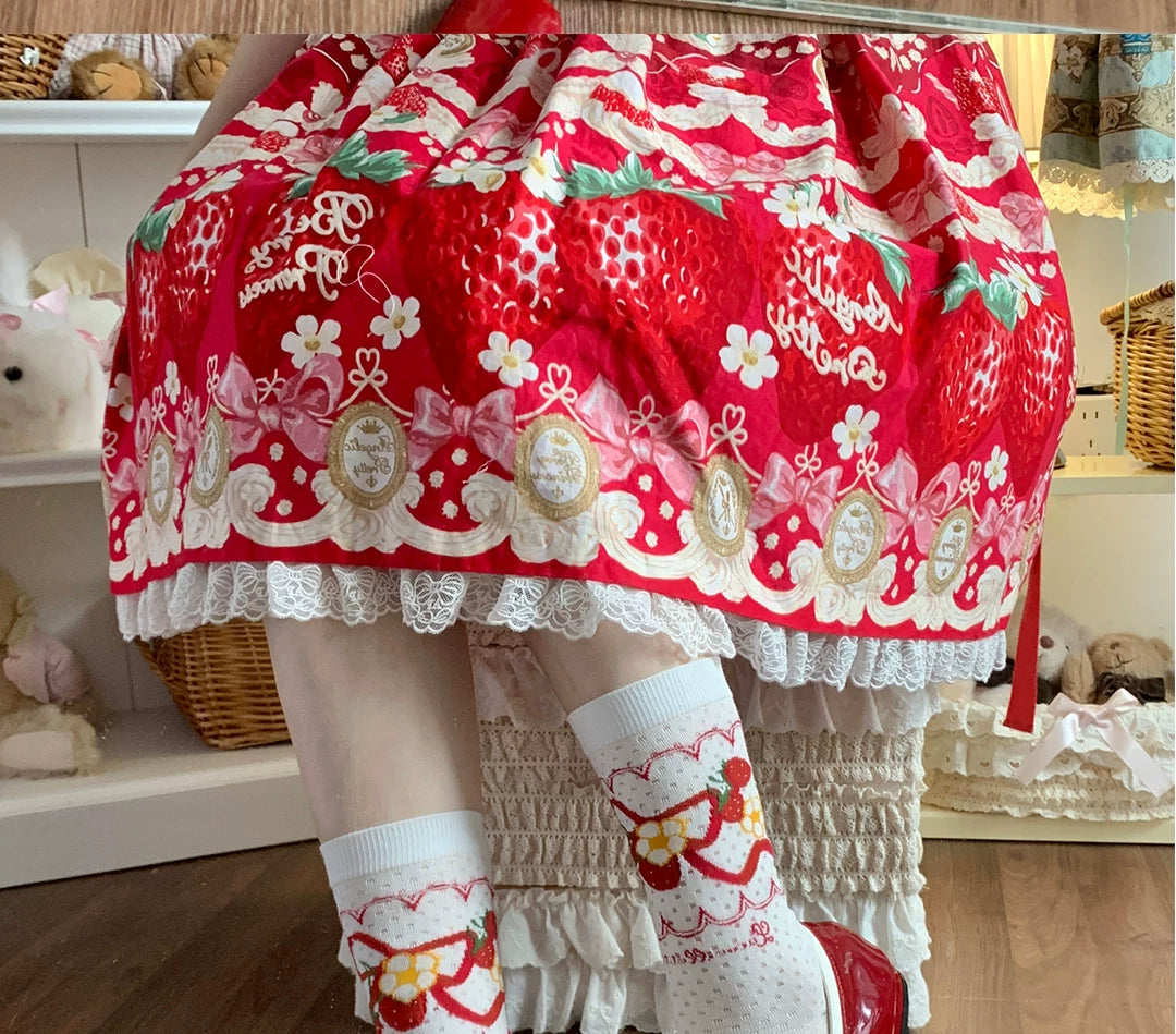 roji roji - Strawberry Flower - Cotton Short Socks with Strawberry-and-Bow Lace Trim